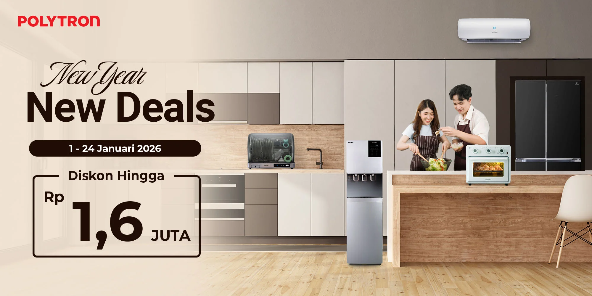 promo perangkat rumah tangga (kulkas, mesin cuci, ac, dispenser, oven listrik, dish dryer) polytron januari 2026